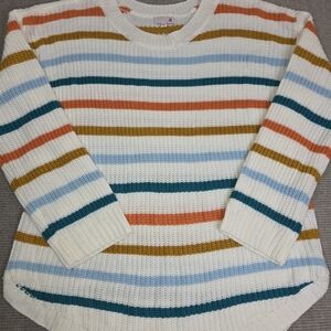 SO Women's Pullover Knit Striped Sweater - Cream, Blue, Orange, Gold
